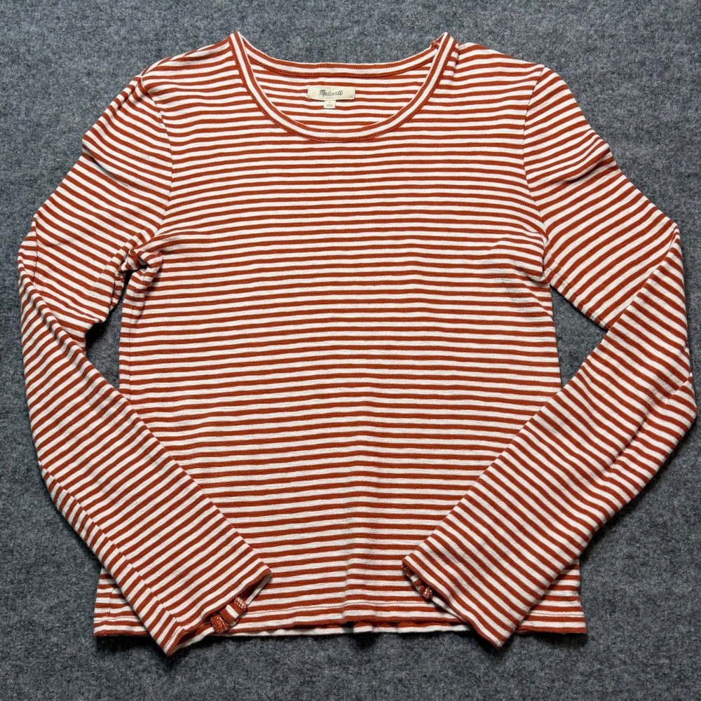 MADEWELL Striped Button Cuff Long Sleeve Top Rust White Medium